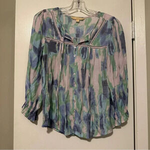 Hope and Harlow blue and green watercolor button down blouse size S